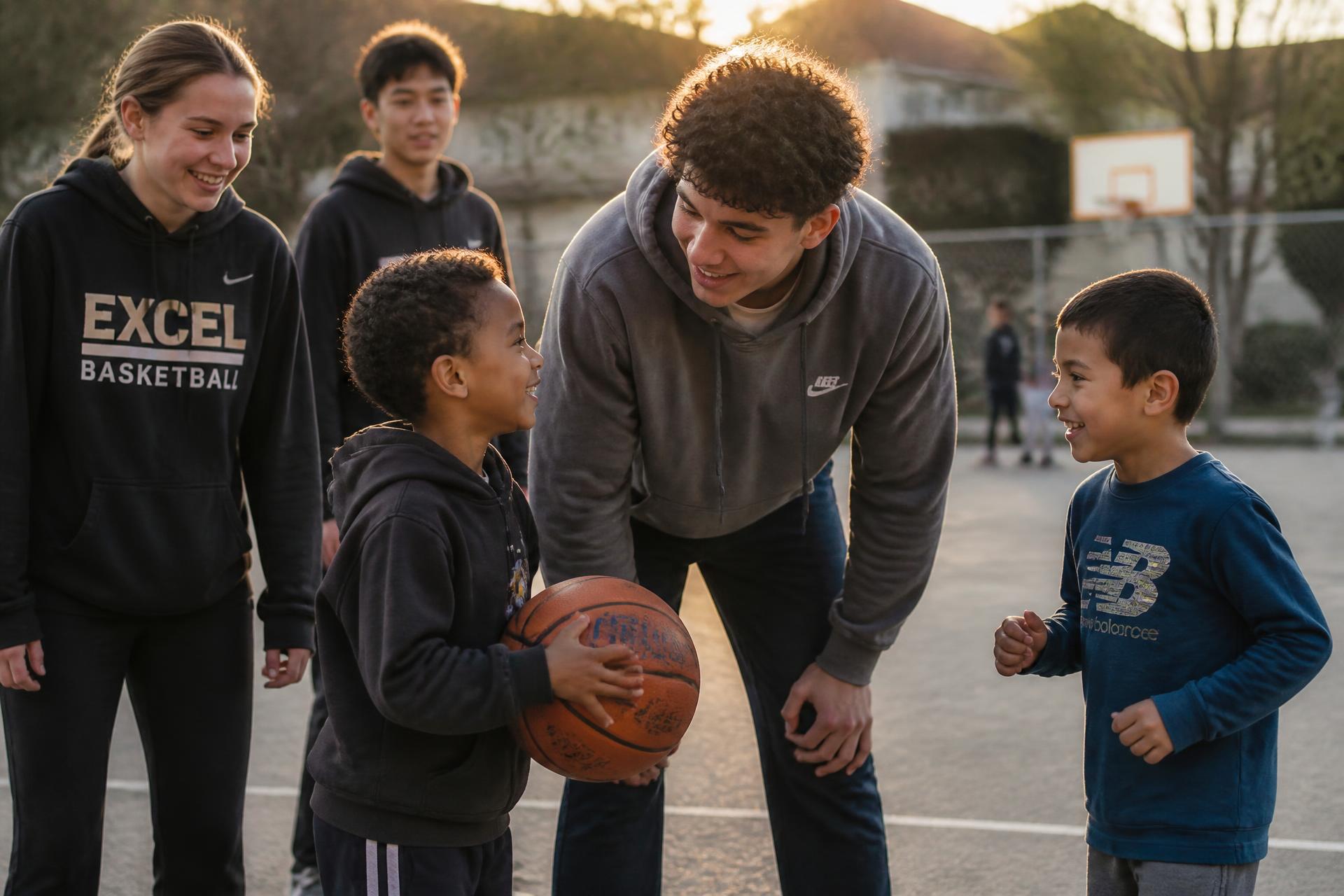 High school mentors coaching elementary students on an outdoor basketball court at sunset
