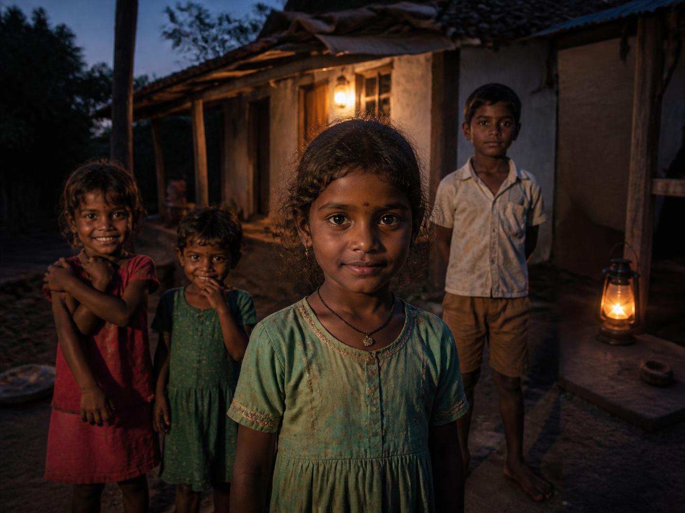 Children outside their homes in the rural village of Ambhu, Maharashtra, India at dusk